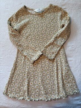 H&M Girls Daisy Print Long Sleeve Ribbed Dress - Yellow/White 3/4T